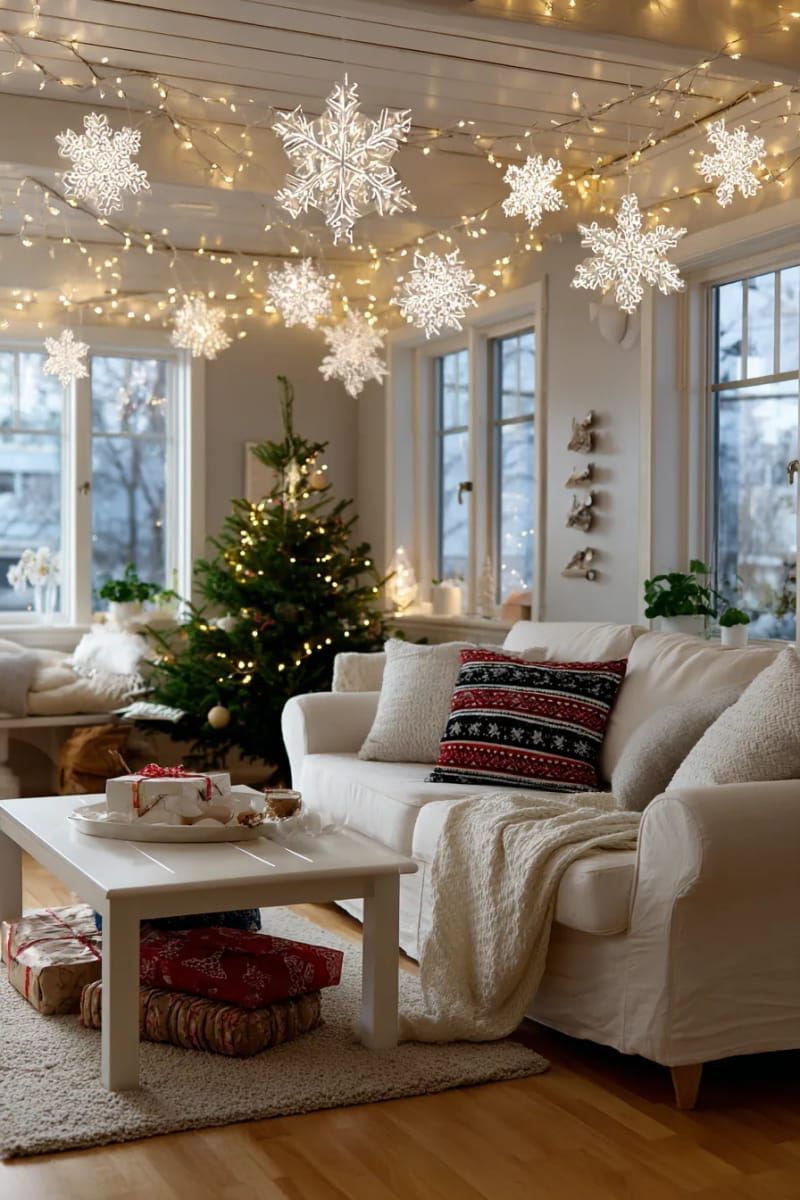 fairy lights strung across living room with paper snowflake cutouts 1