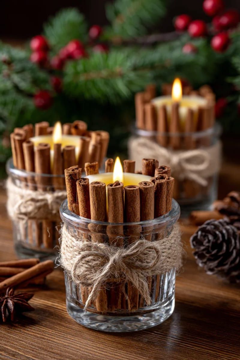 cozy candle jars wrapped with cinnamon sticks and tied with rustic twine 1