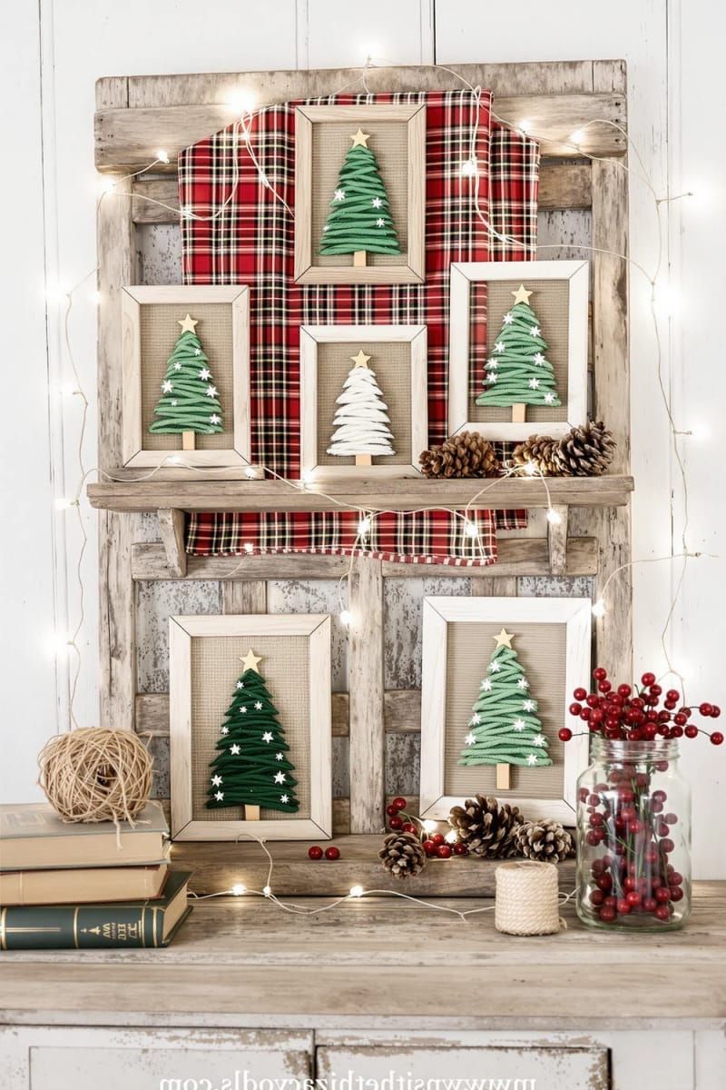 framed mini christmas trees crafted from yarn, twigs, and cardboard 1