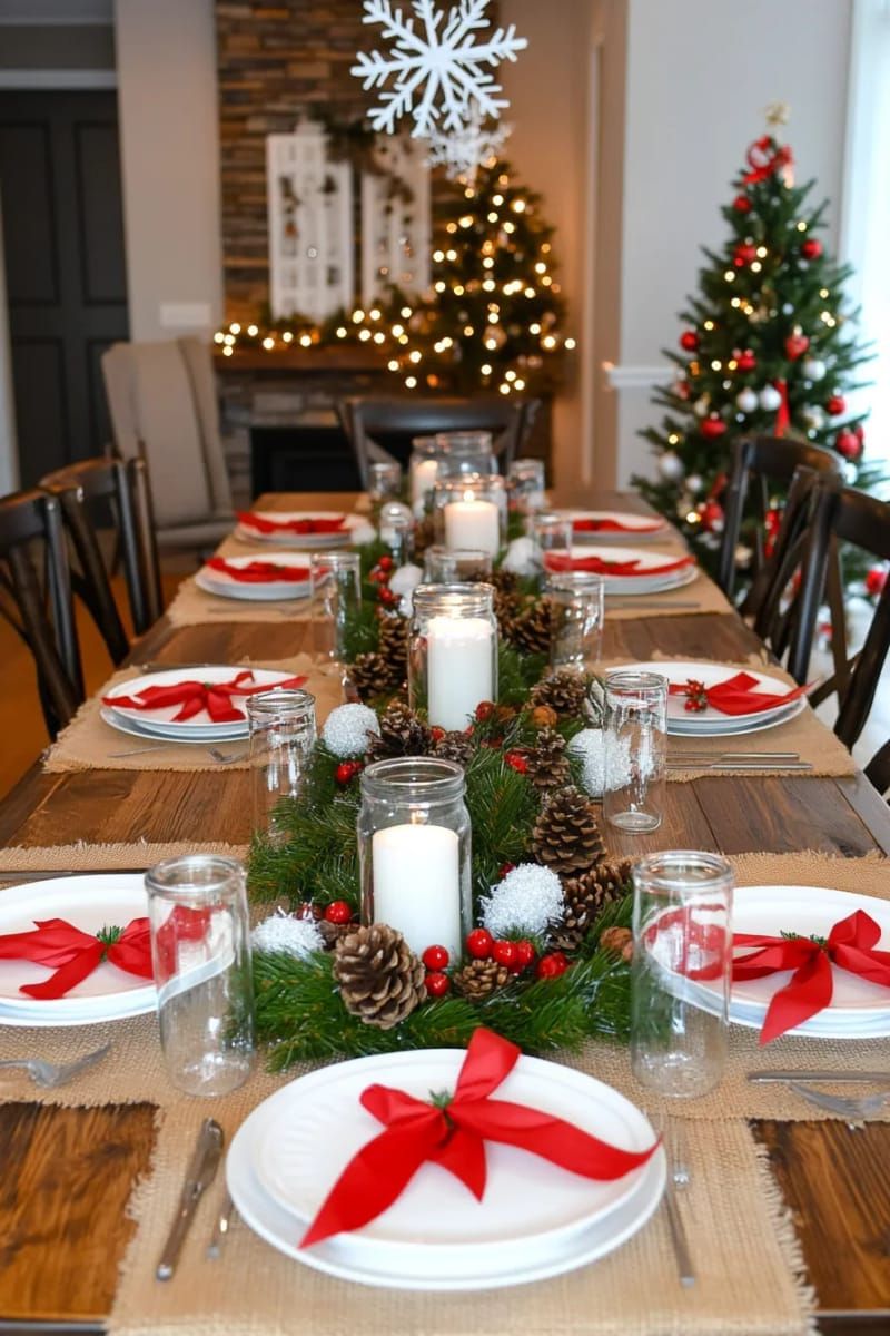 pinecone and jar candle centerpiece with red ribbon and rustic twine accent 1