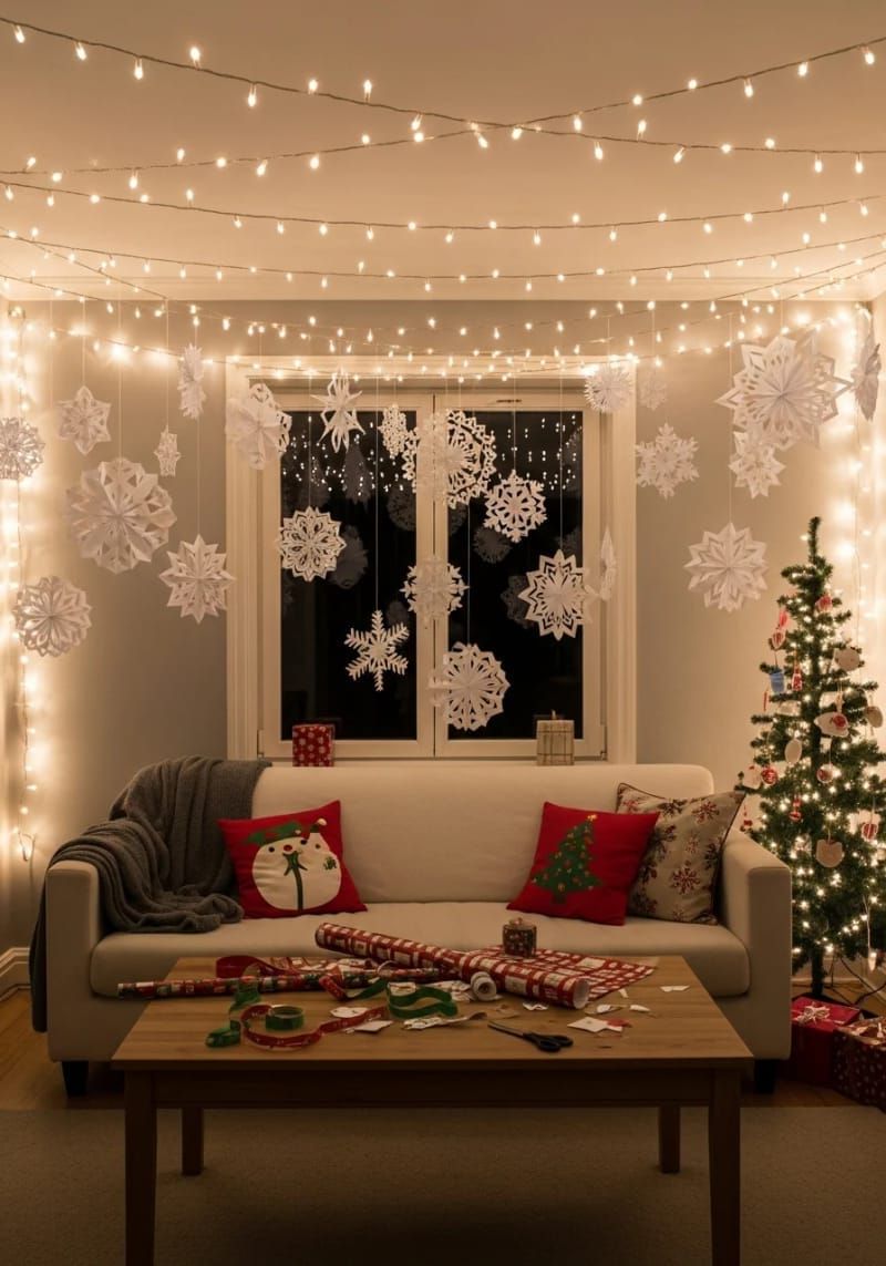 fairy lights strung across living room with paper snowflake cutouts 1