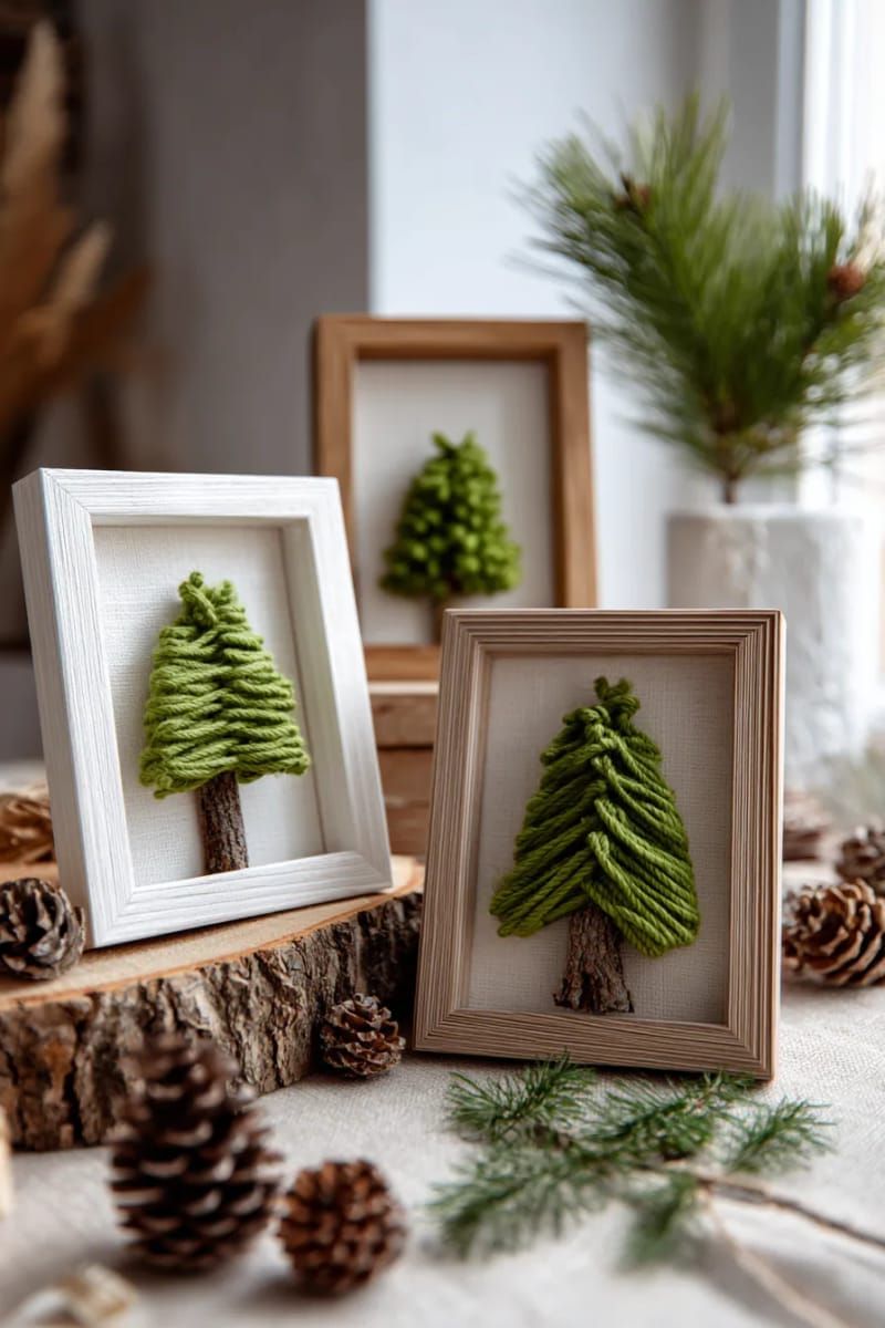 framed mini christmas trees crafted from yarn, twigs, and cardboard 1
