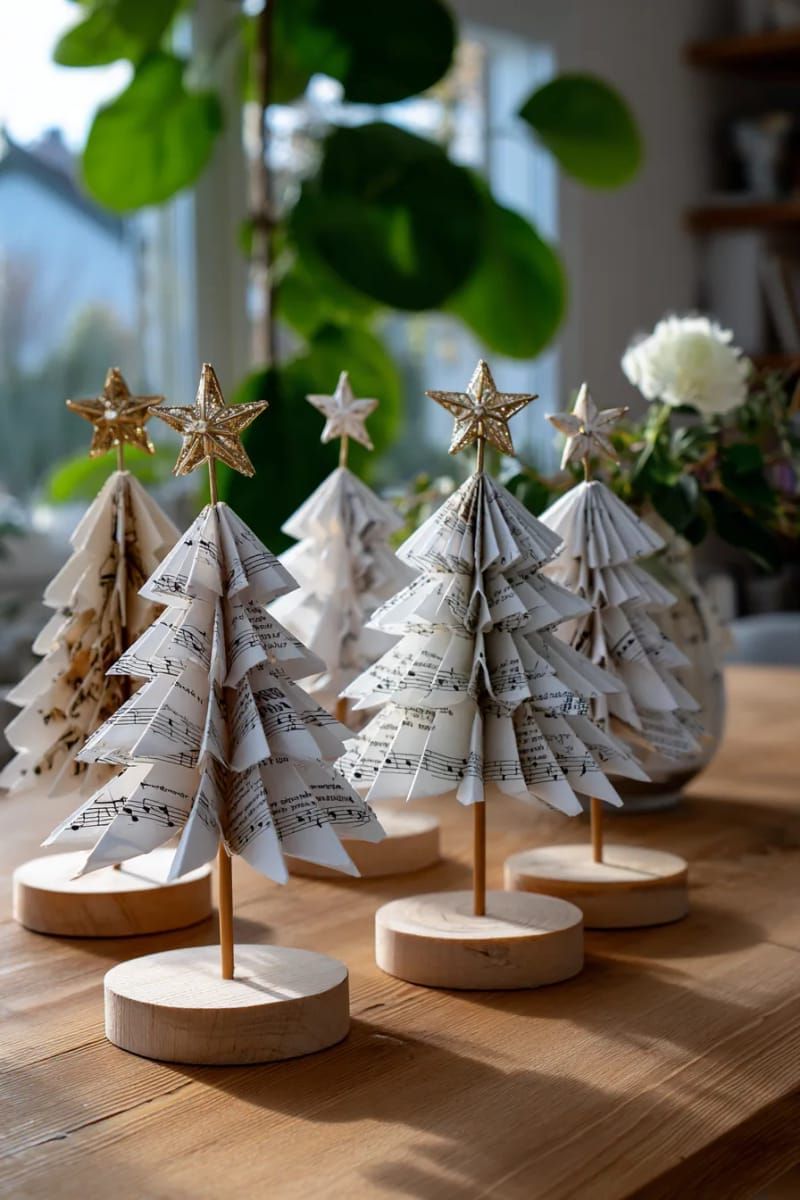 tabletop christmas tree made from sheet music cones with star topper 1