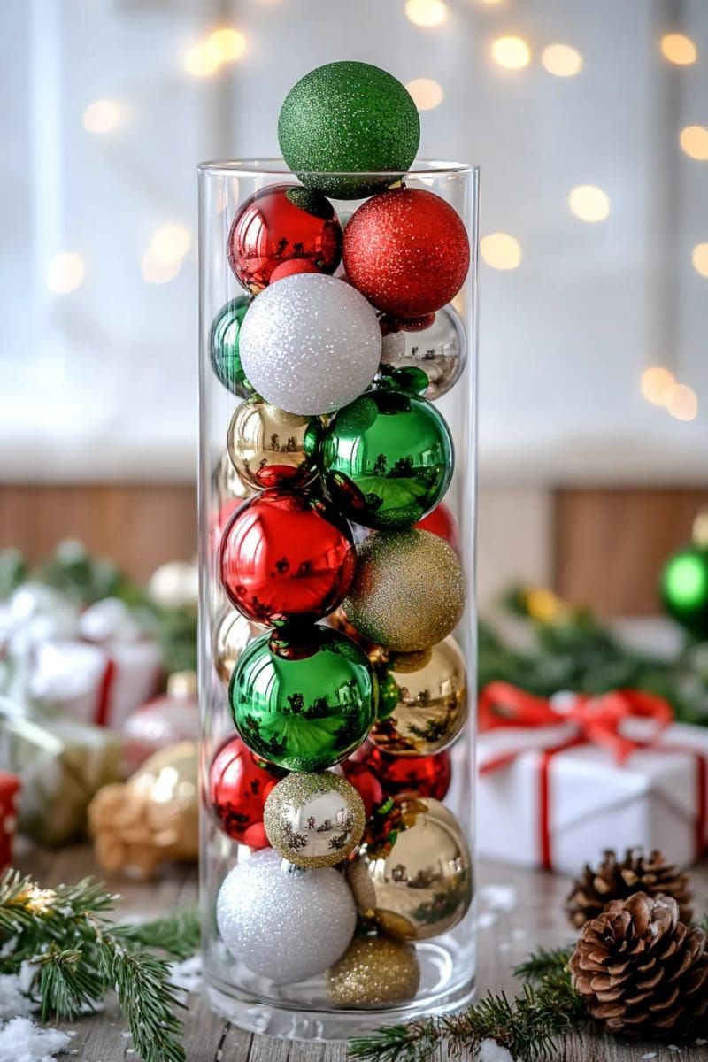 dollar store ornament topiary stacked in a tall glass vase 1