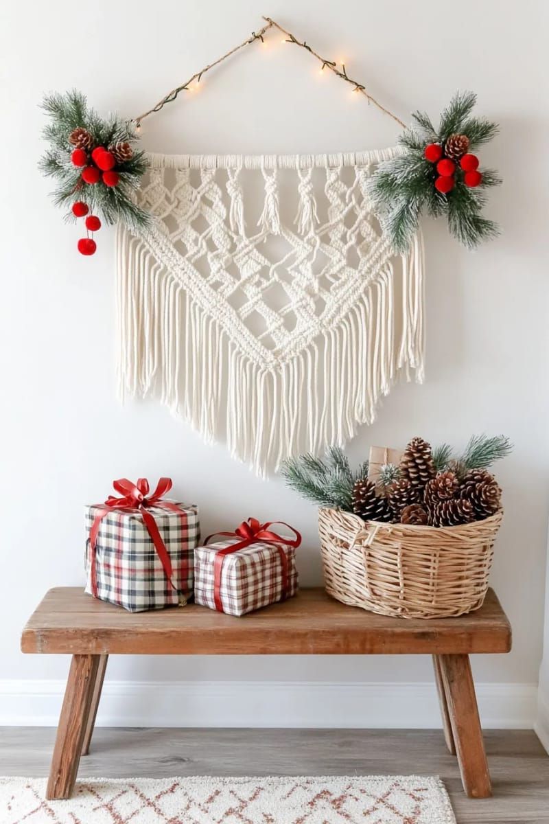 boho macramé wall hanging with tiny red pom-poms and greenery 1