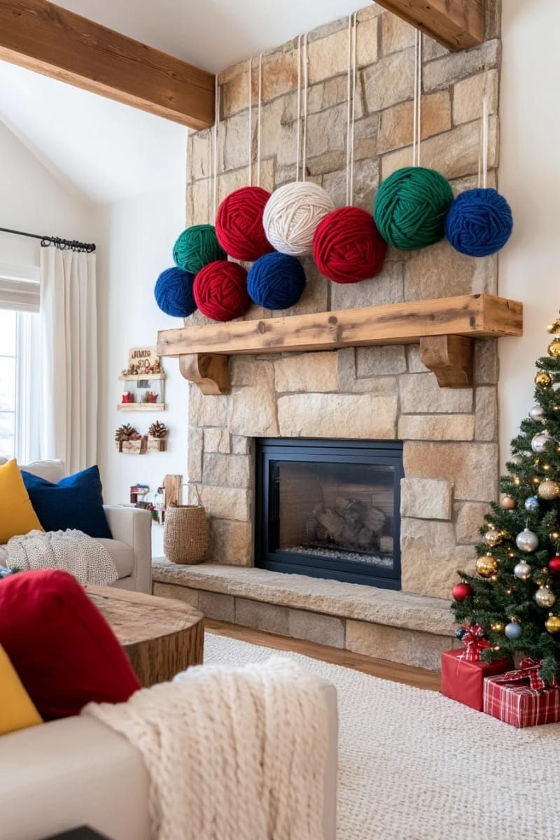 giant ornament wall hanging using yarn-wrapped balls and wooden dowels 1