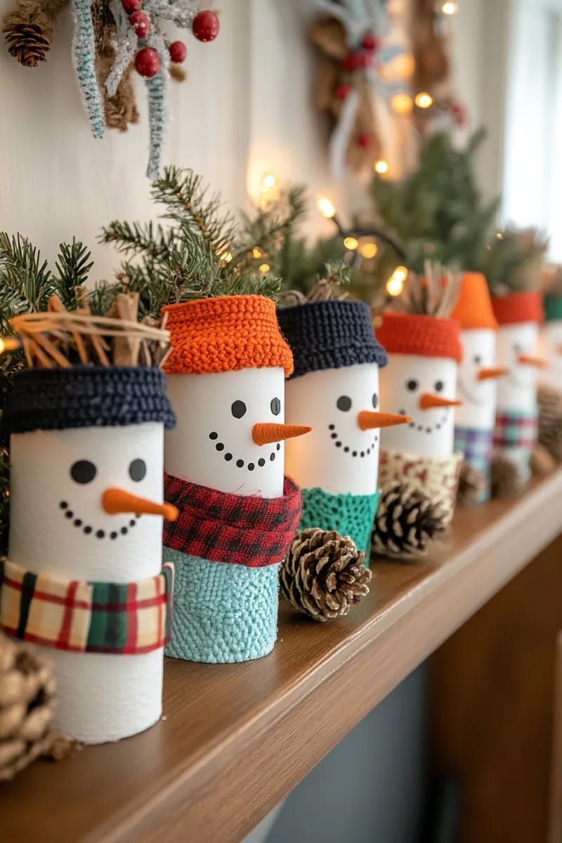 paper roll snowmen with button eyes and yarn scarves for mantel 1