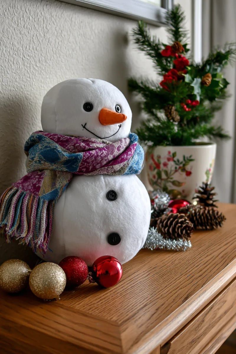 fluffy snowman made from white fabric and thrifted scarves on entry table 1