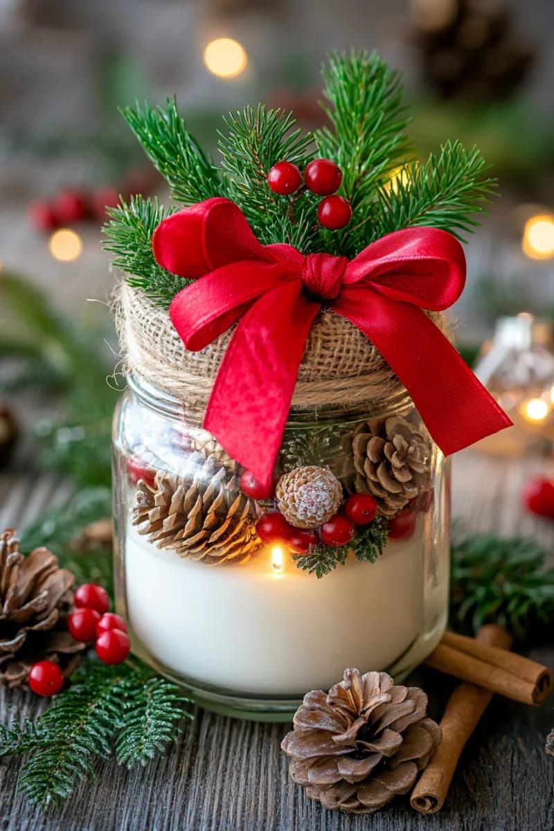 pinecone and jar candle centerpiece with red ribbon and rustic twine accent 1