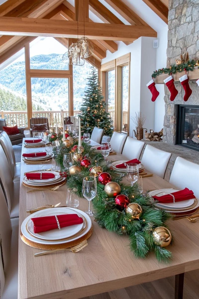 gold and red ornament garland with mini pine sprigs for a festive table 1