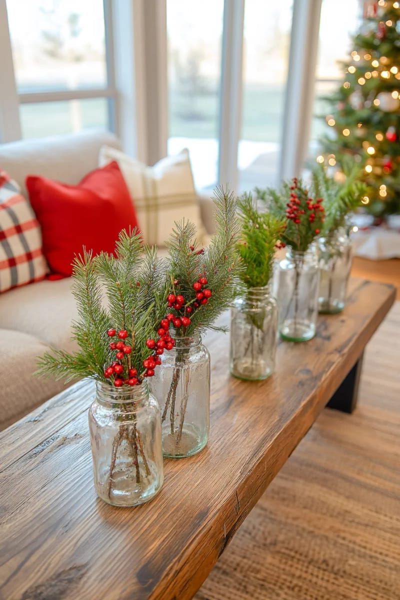 simple pine branches in recycled bottles with red berry sprigs 1