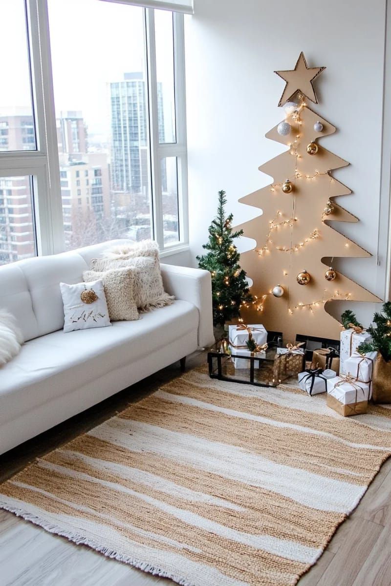 diy cardboard christmas tree painted gold for minimal, modern living space 1
