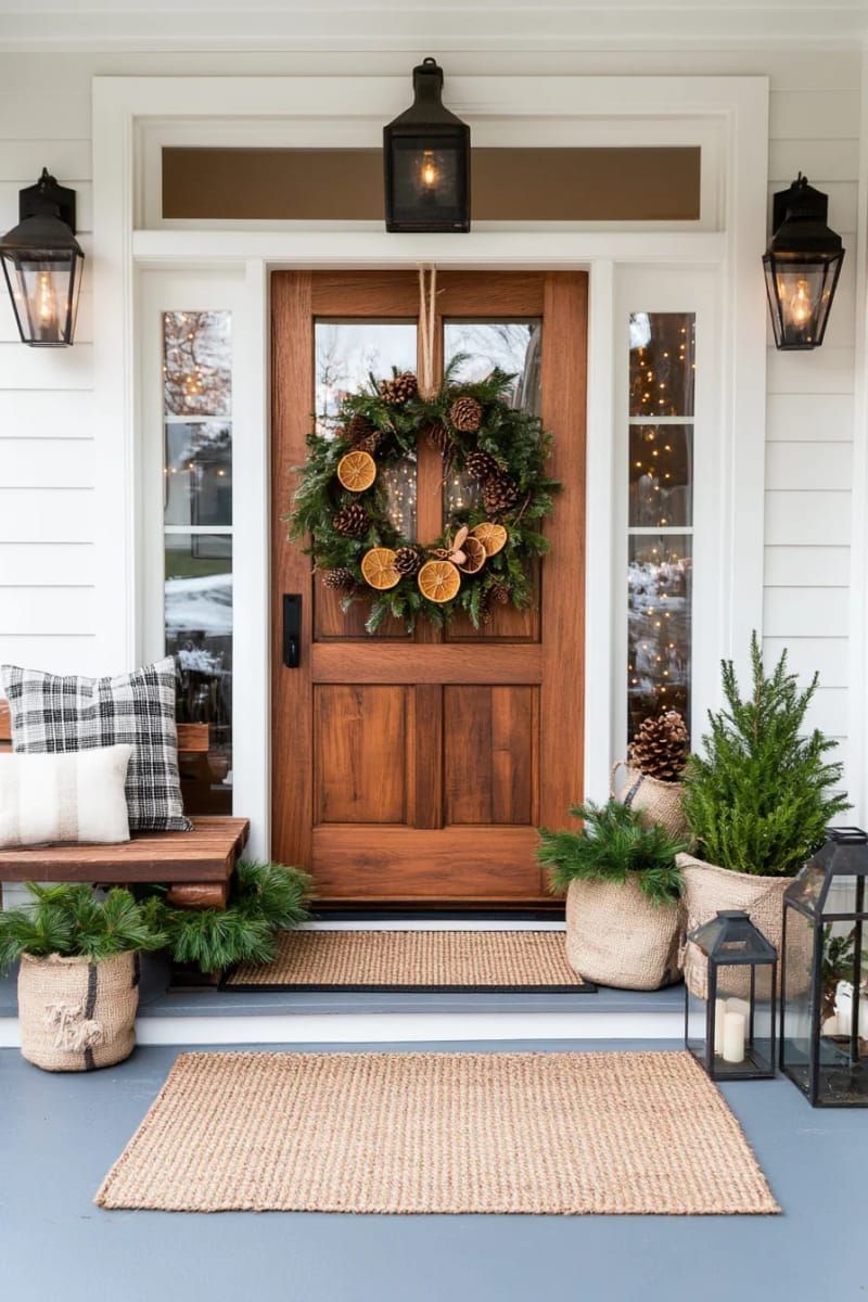 dried orange slice wreath with cinnamon sticks and greenery for front door 1