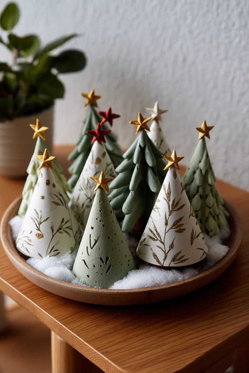 mini christmas tree forest from painted cardboard cones on side table 1