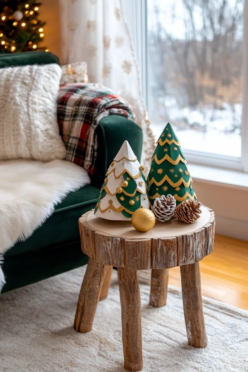 mini christmas tree forest from painted cardboard cones on side table 1
