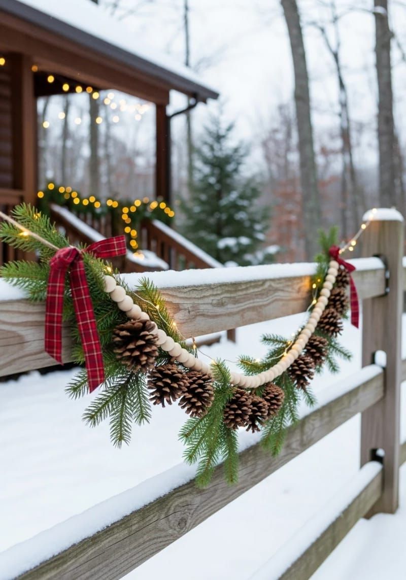 outdoor pinecone garland strung with twine and wooden beads 1