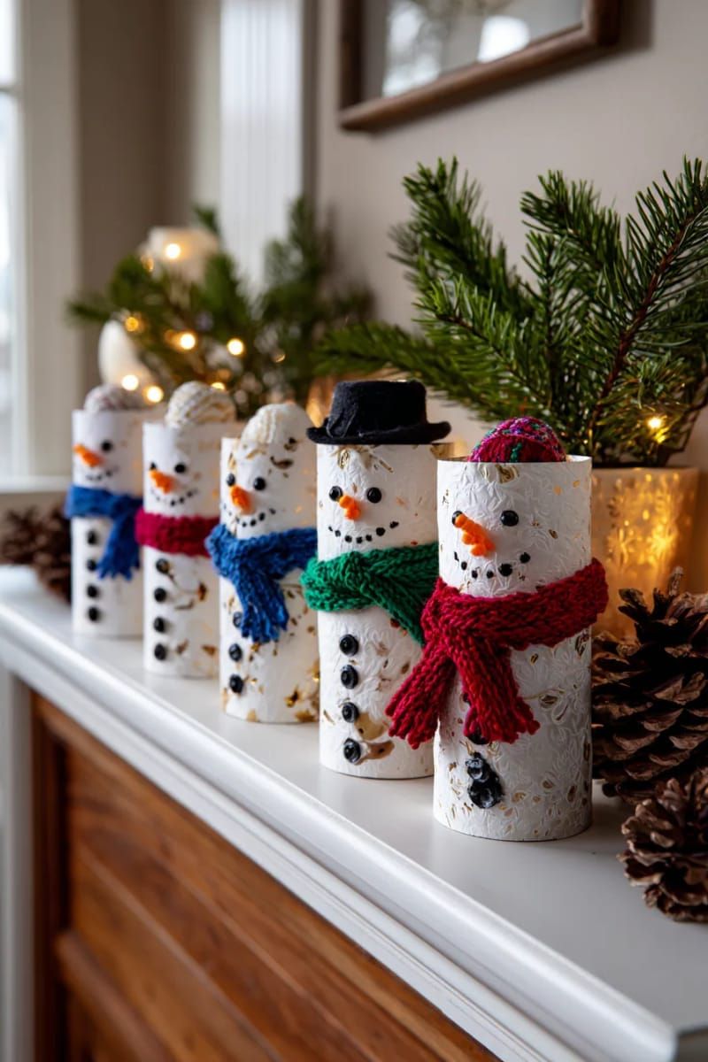 paper roll snowmen with button eyes and yarn scarves for mantel 1