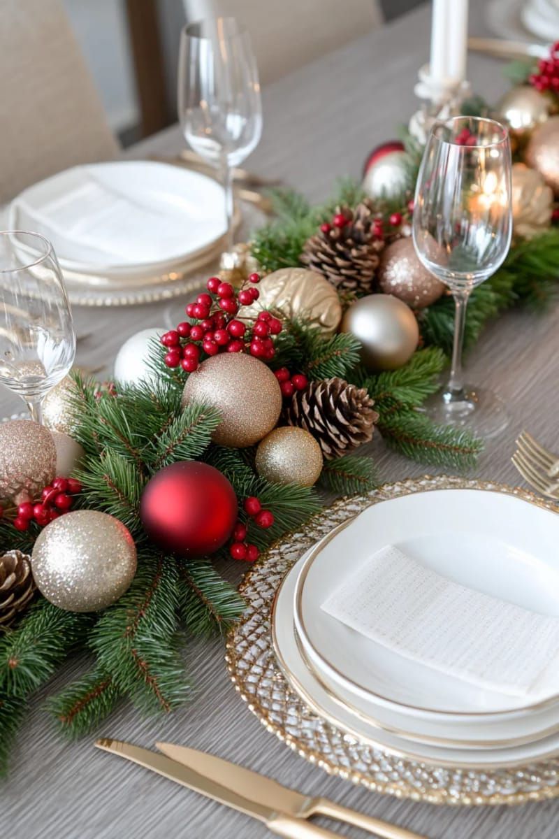 gold and red ornament garland with mini pine sprigs for a festive table 1