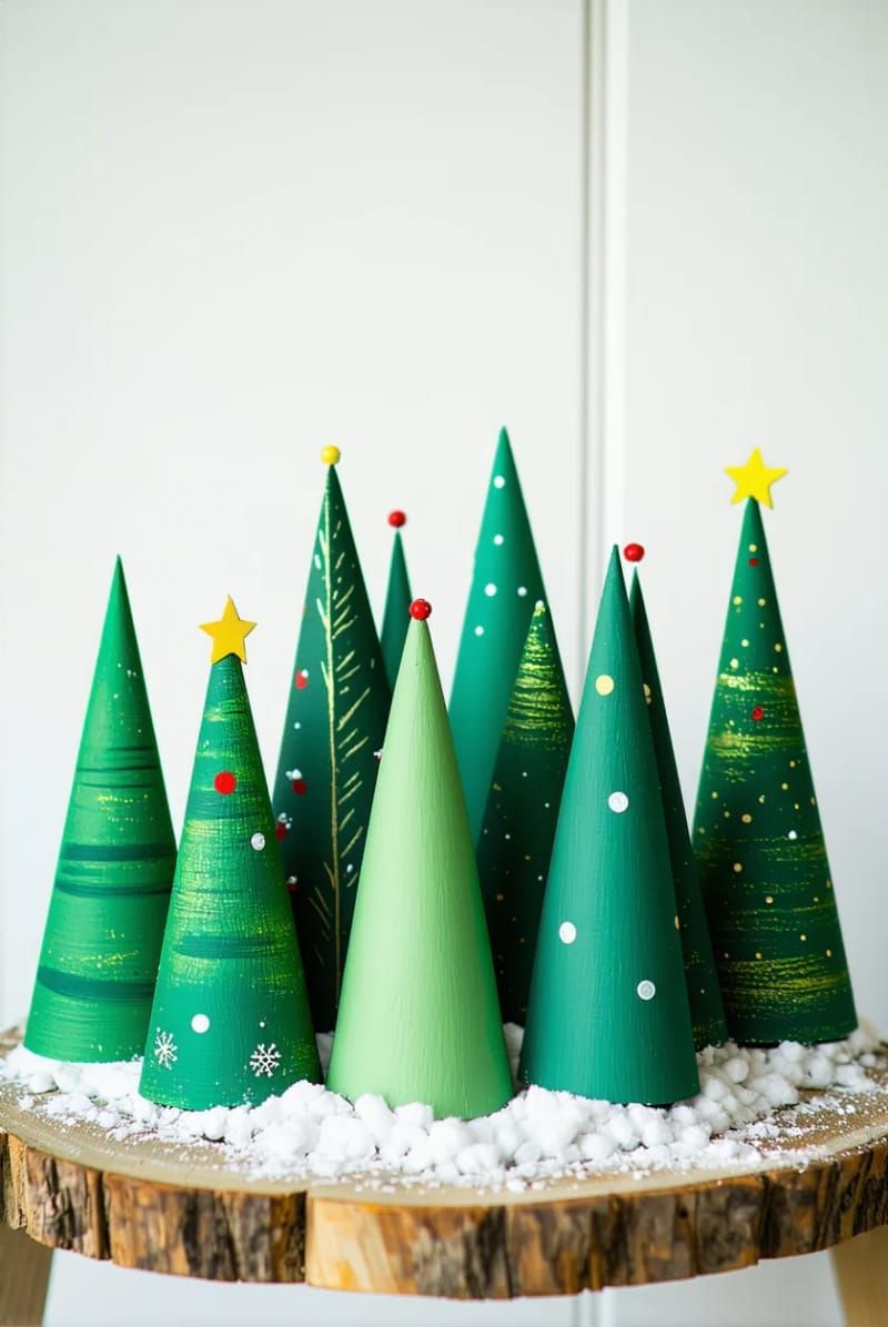 mini christmas tree forest from painted cardboard cones on side table 1