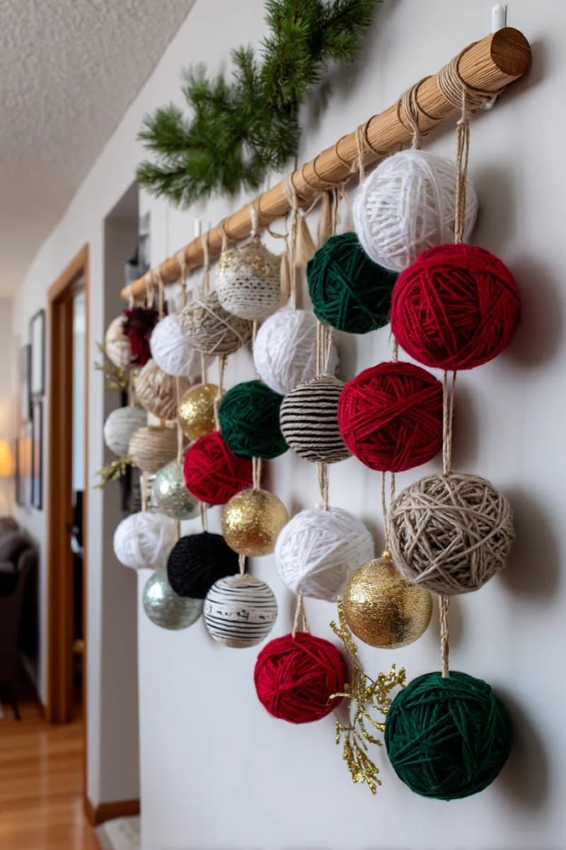 giant ornament wall hanging using yarn-wrapped balls and wooden dowels 1