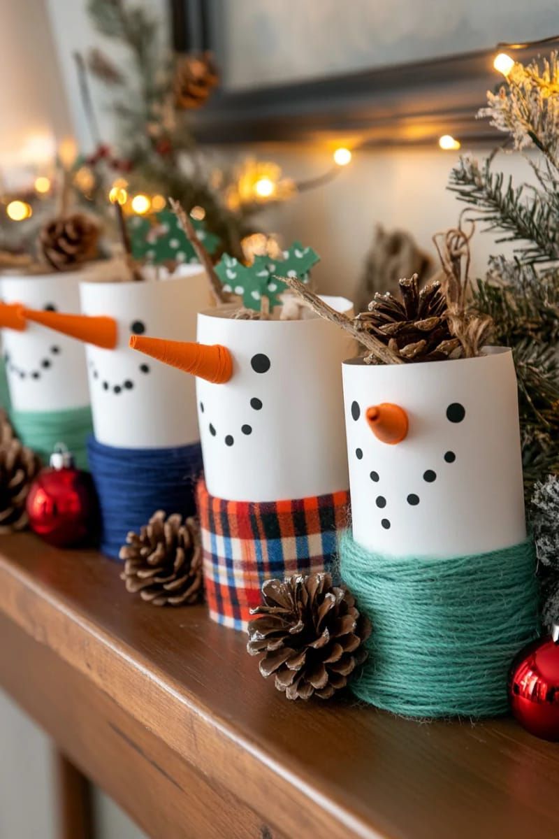 paper roll snowmen with button eyes and yarn scarves for mantel 1