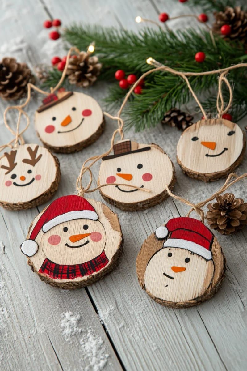 rustic wood slice ornaments painted with snowman, santa, and reindeer faces 1