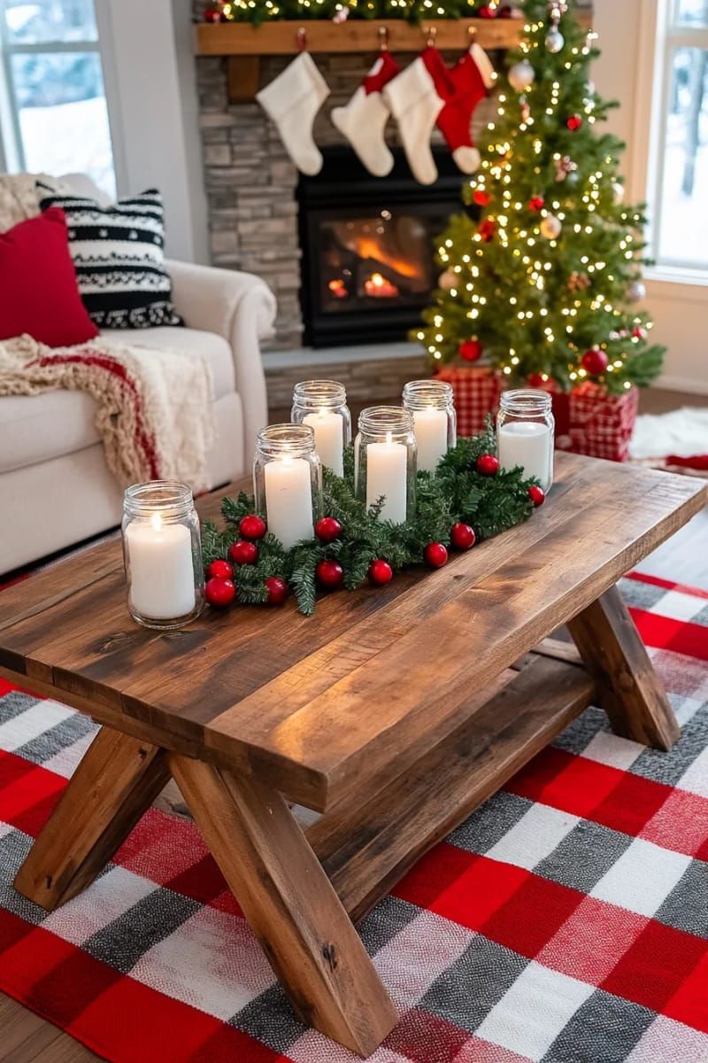 mason jar filled with pine, cranberries, and floating candles for cozy glow 1