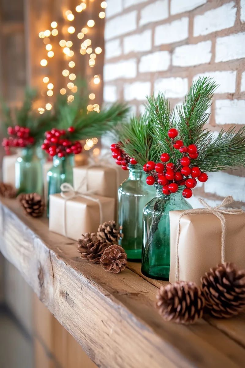 simple pine branches in recycled bottles with red berry sprigs 1