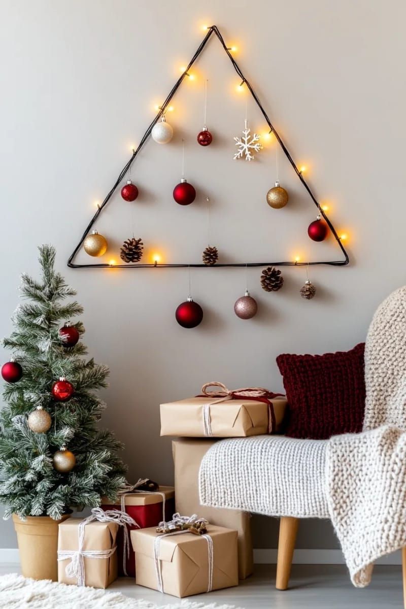 wall-mounted christmas tree made from string lights and hanging ornaments 1