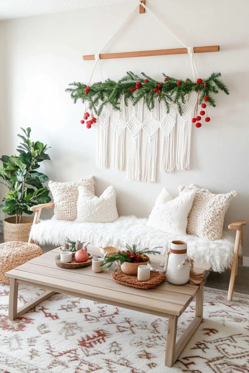 boho macramé wall hanging with tiny red pom-poms and greenery 1