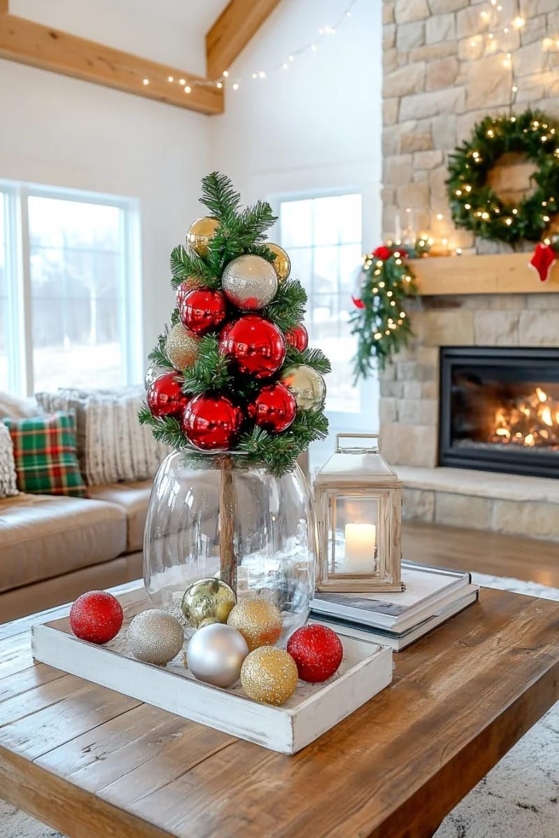 dollar store ornament topiary stacked in a tall glass vase 1