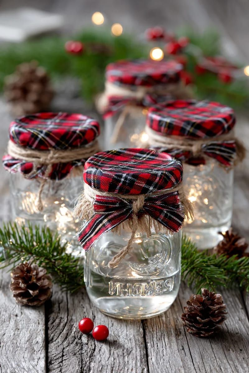 farmhouse-inspired twine-wrapped mason jars with plaid ribbon bows 1
