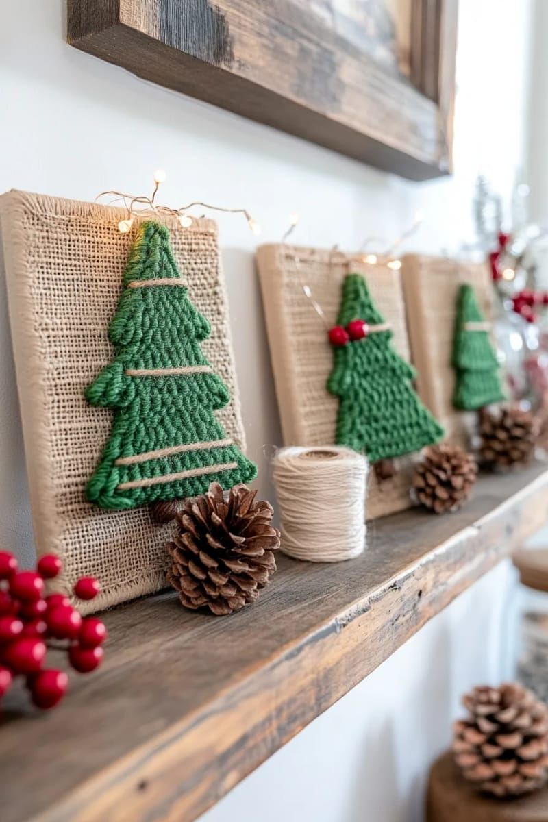 framed mini christmas trees crafted from yarn, twigs, and cardboard 1