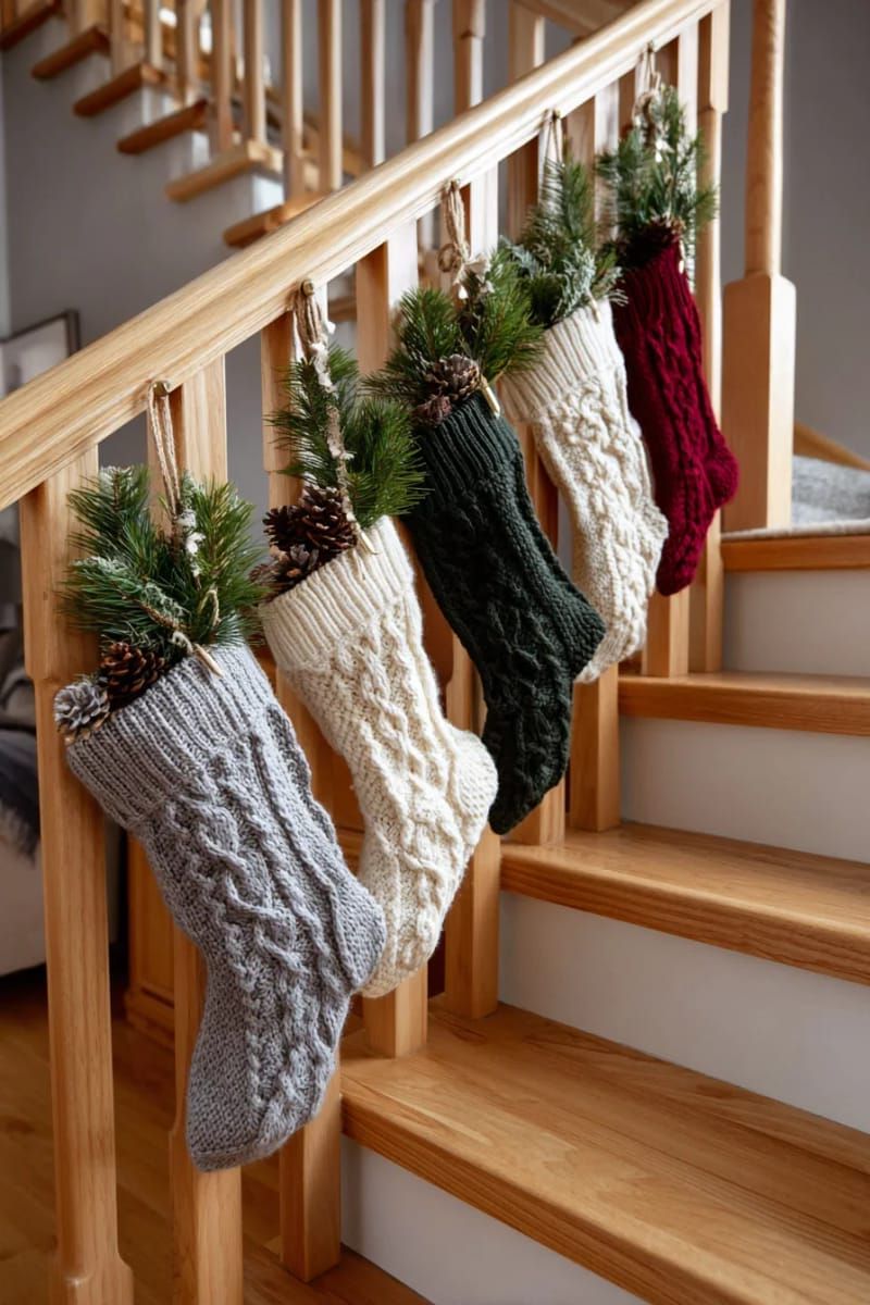 upcycled sweater stockings hung on the staircase with festive pine sprigs 1