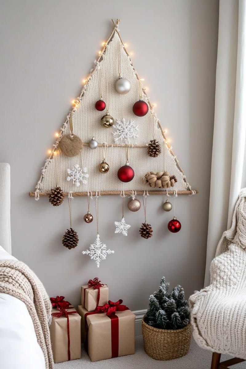 wall-mounted christmas tree made from string lights and hanging ornaments 1
