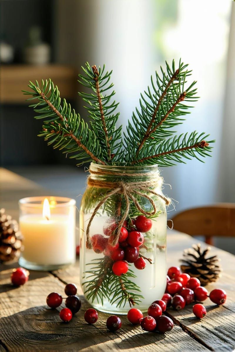 mason jar filled with pine, cranberries, and floating candles for cozy glow 1