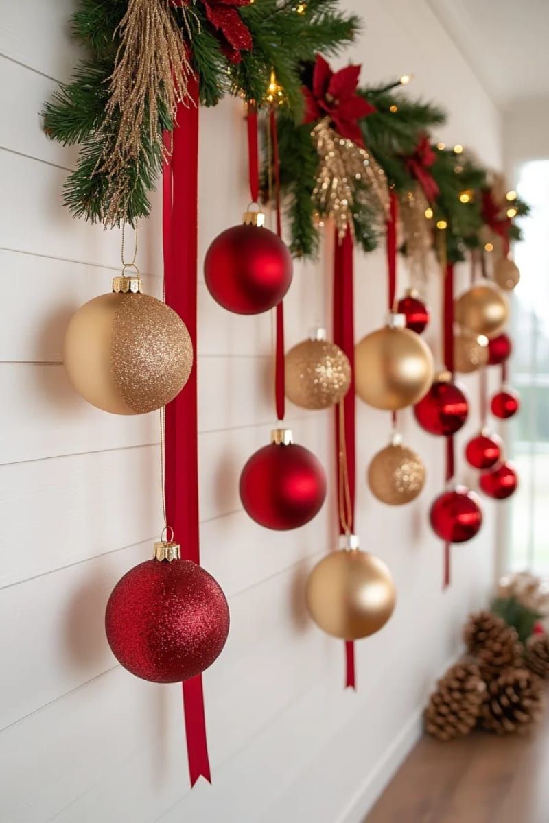 classic red and gold ball ornaments hanging vertically with velvet ribbon 1