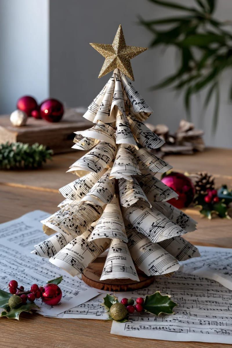 tabletop christmas tree made from sheet music cones with star topper 1