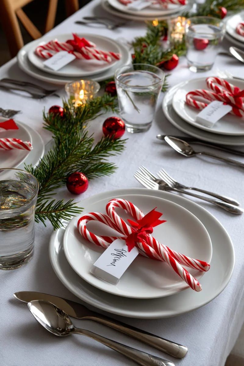 candy cane place card holders with handwritten tags for christmas dinner 1