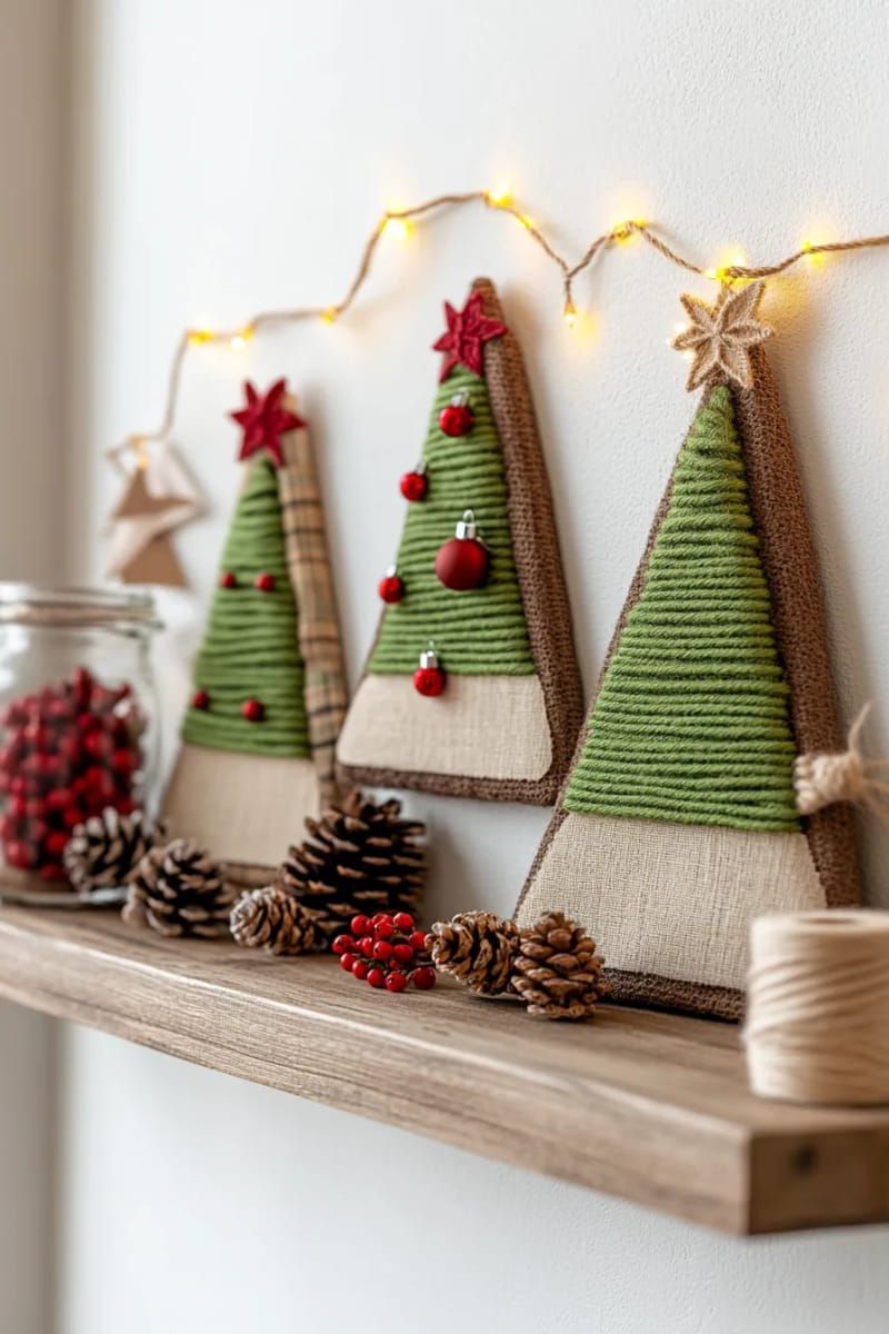 framed mini christmas trees crafted from yarn, twigs, and cardboard 1