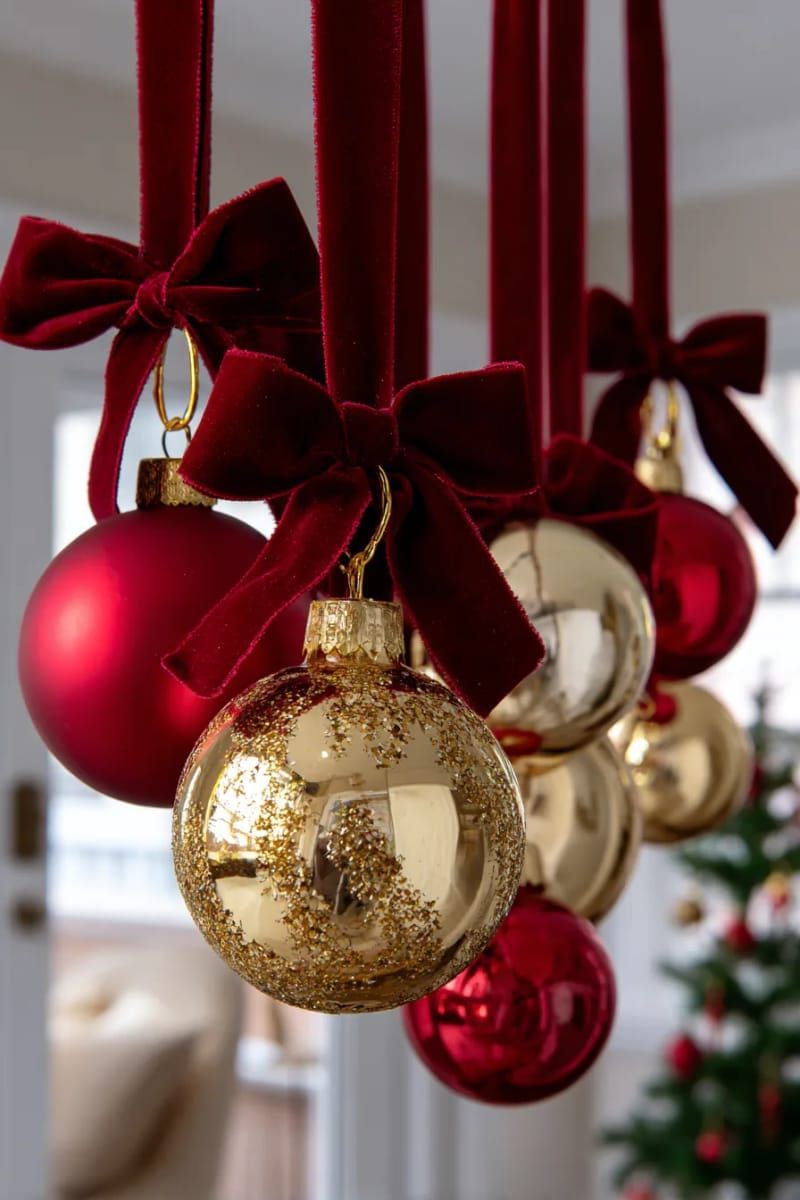 classic red and gold ball ornaments hanging vertically with velvet ribbon 1