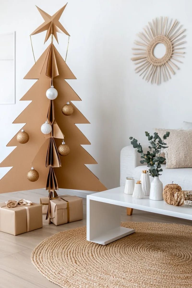 diy cardboard christmas tree painted gold for minimal, modern living space 1