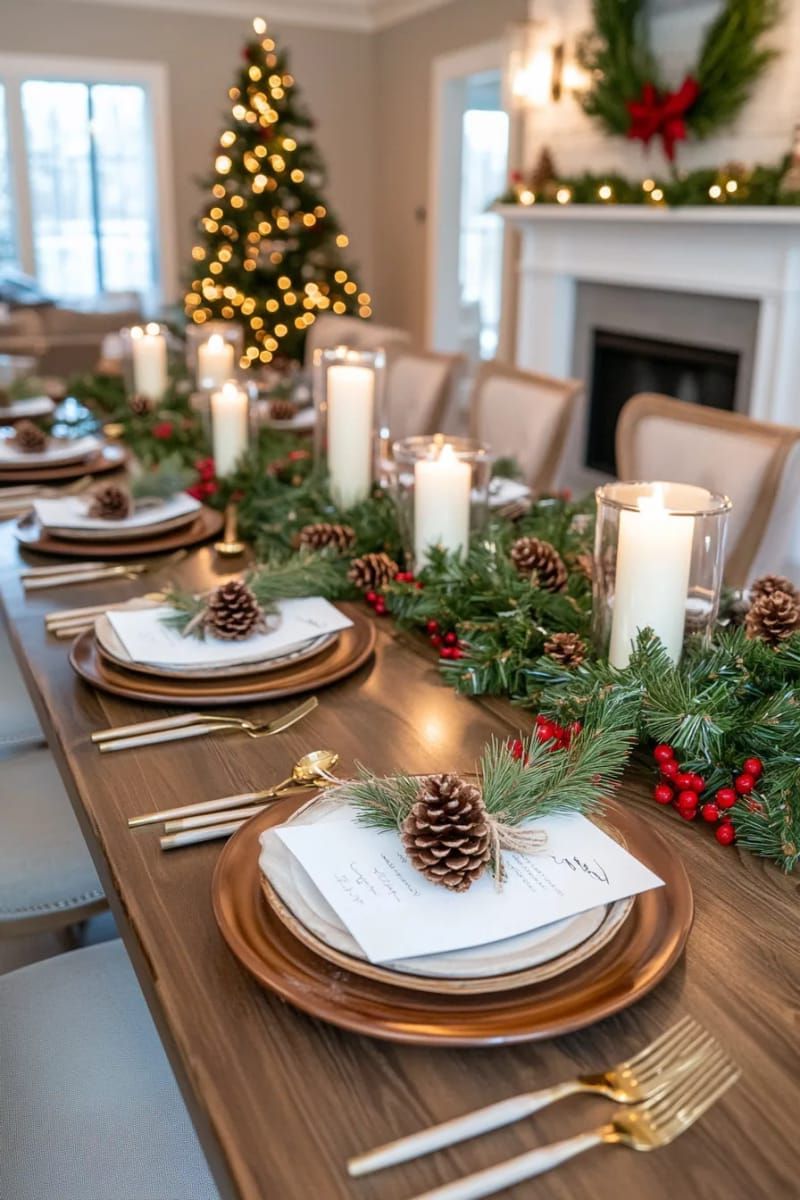 pinecone place cards tied with twine and a sprig of rosemary 1