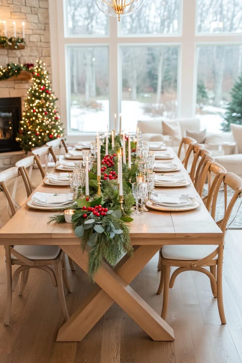 table runner made from fresh greenery and clusters of red berries 1