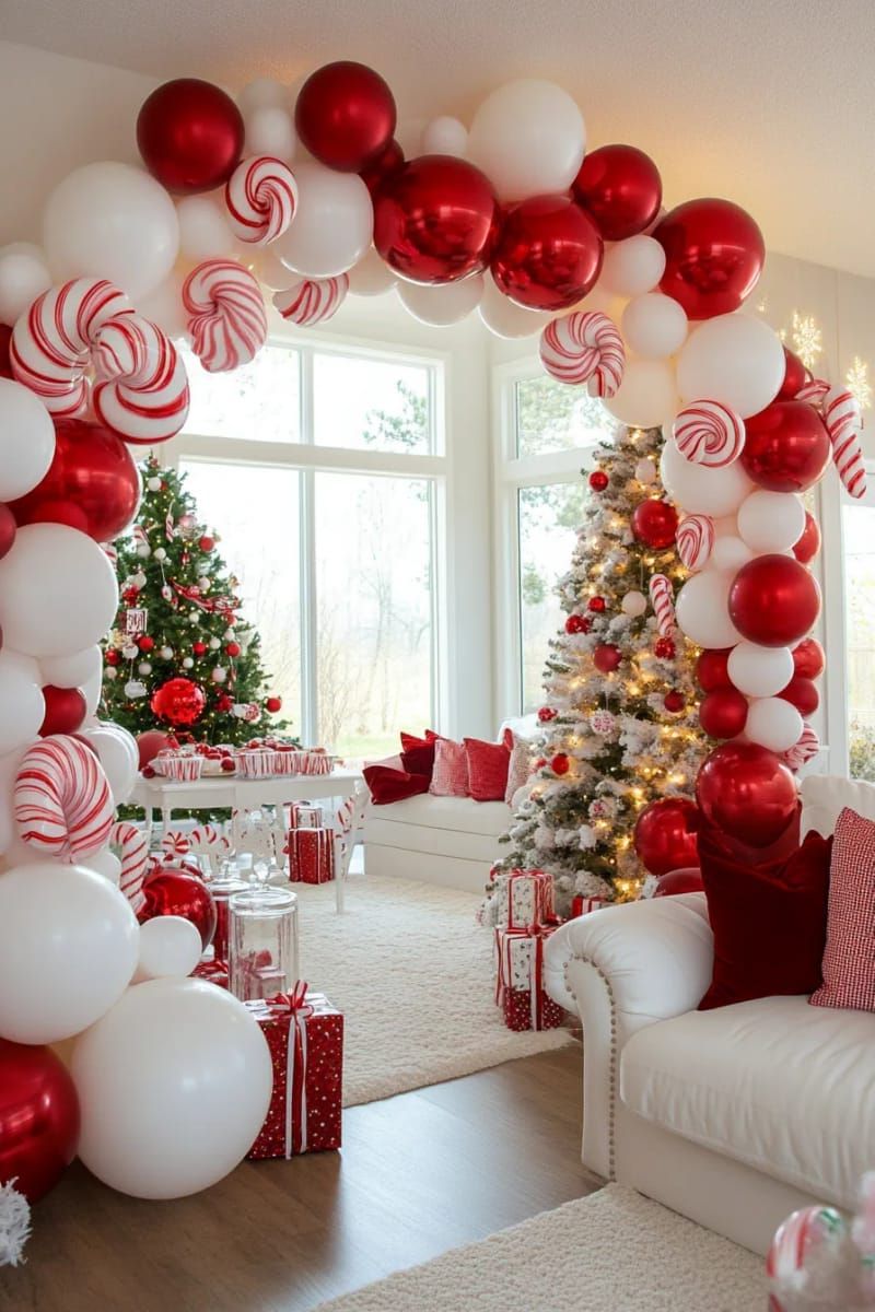 red and white balloon arch with giant peppermints for a candyland welcome 1