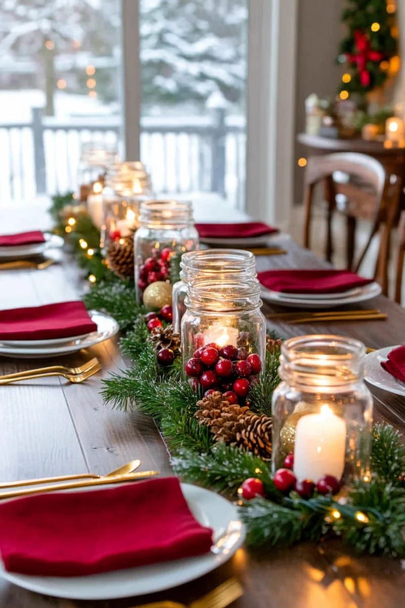 mason jars filled with cranberries and floating candles as table lighting 1