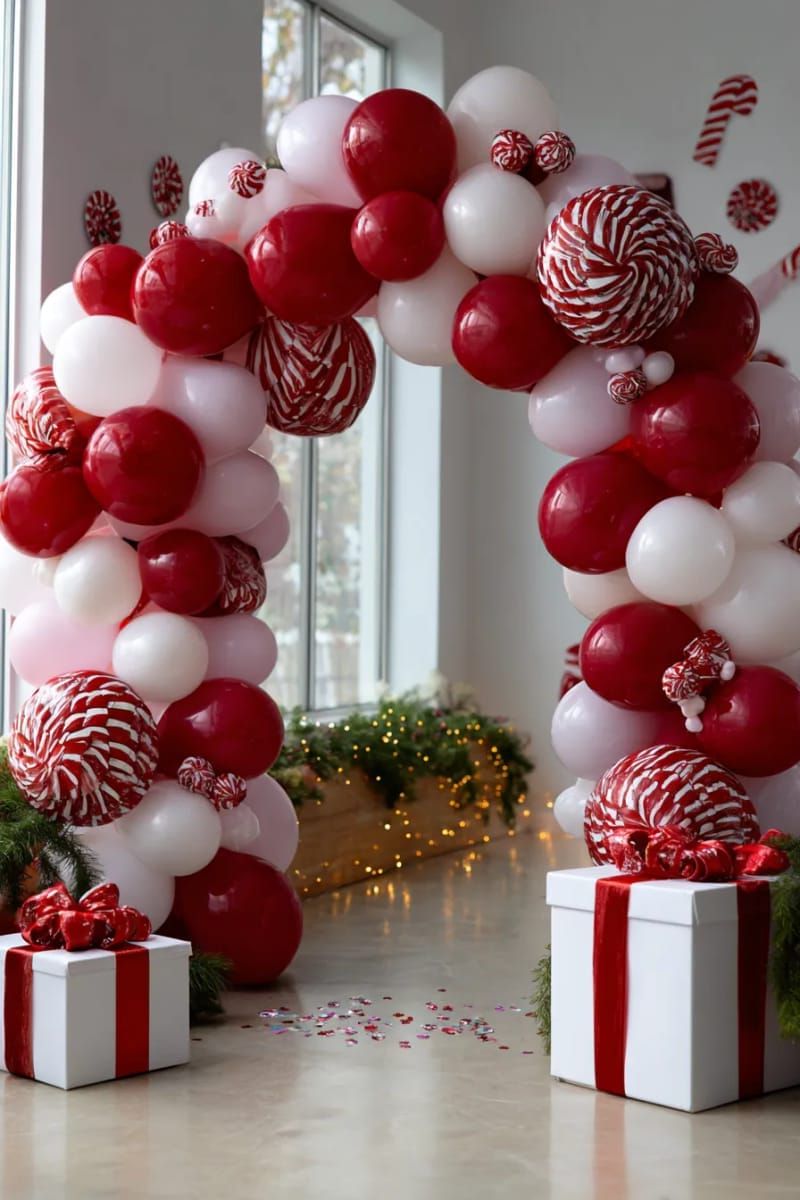 red and white balloon arch with giant peppermints for a candyland welcome 1