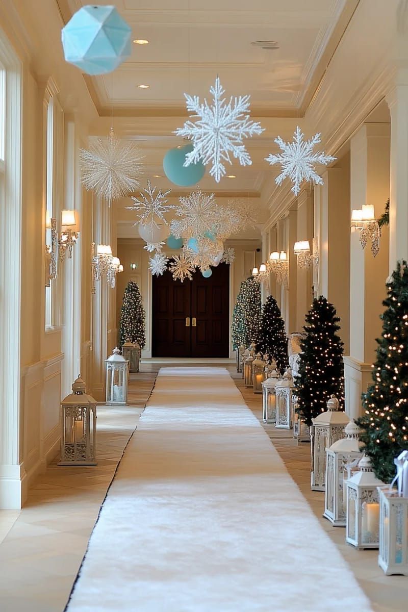 hanging snowflake mobiles above entryway for an enchanting winter wonderland entrance 1
