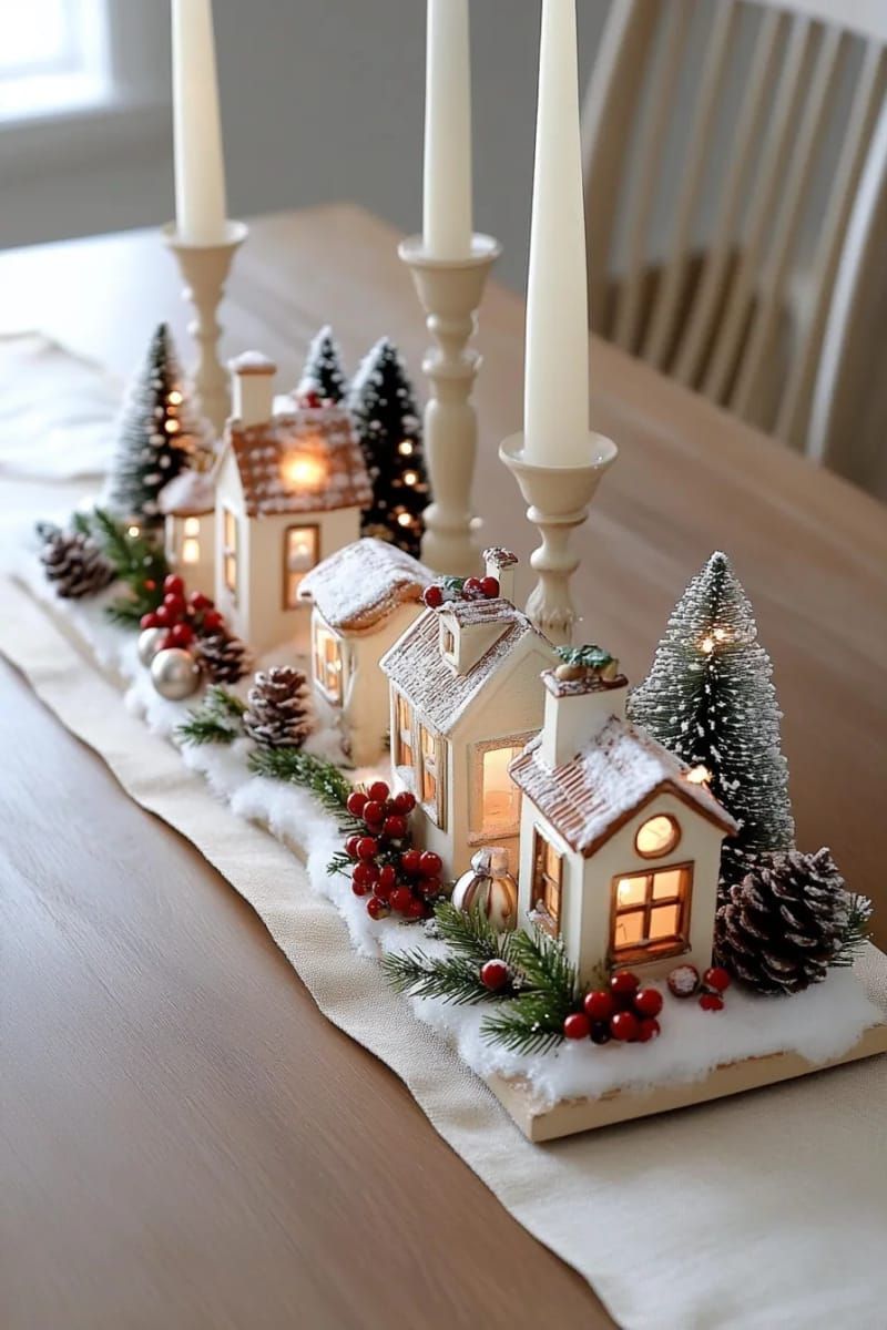christmas village centerpiece with twinkling houses and tiny snowy trees 1
