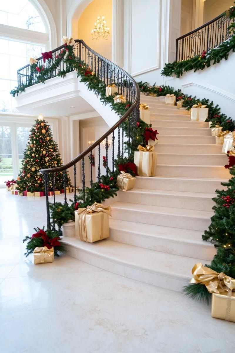 festive garland staircase lined with wrapped faux presents and gold ribbons 1